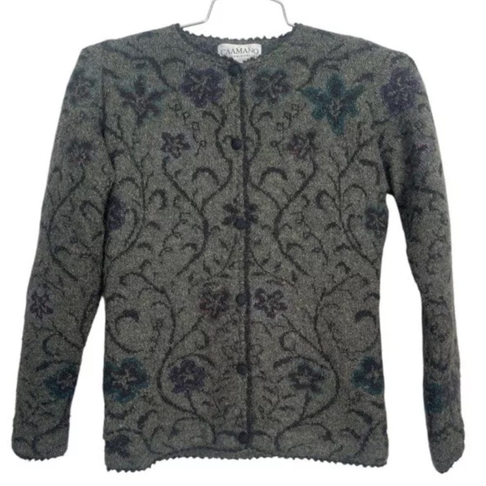 Caamano 100% Alpaca Hand Knit Cardigan Peru Gray Floral Sweater S